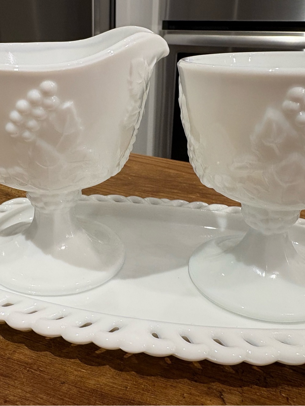 Colony Harvest Grape White Milk Glass Pedestal Creamer Sugar & Underplate